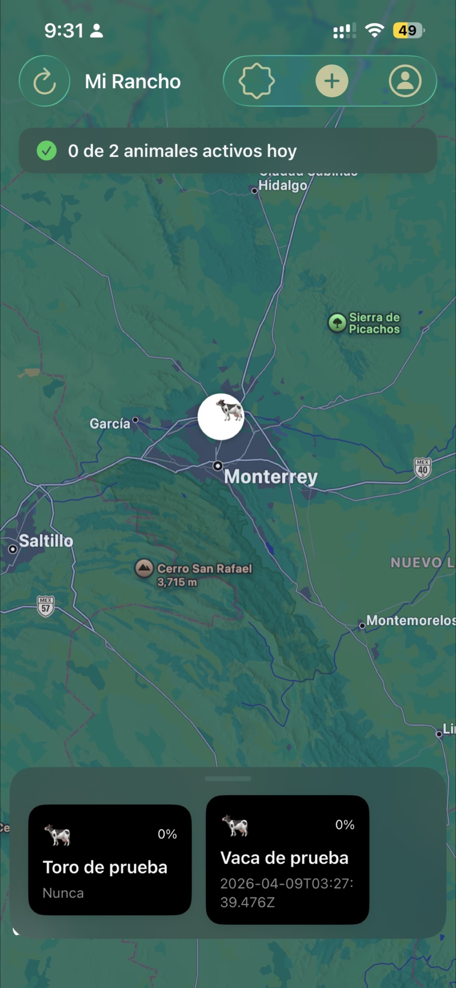 App RastreoGanado mostrando Mi Rancho sobre el mapa de Monterrey con animales registrados